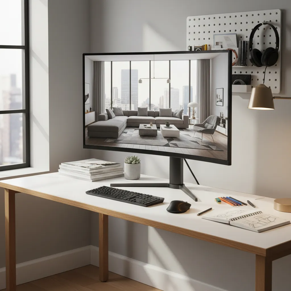 Monitor showing living room interior design drawing with grey sofa and ceiling light on desk