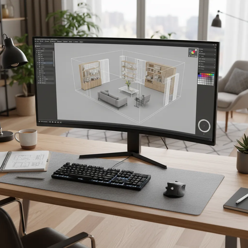 Wide computer monitor displaying 3D interior design software with living room layout on wooden desk