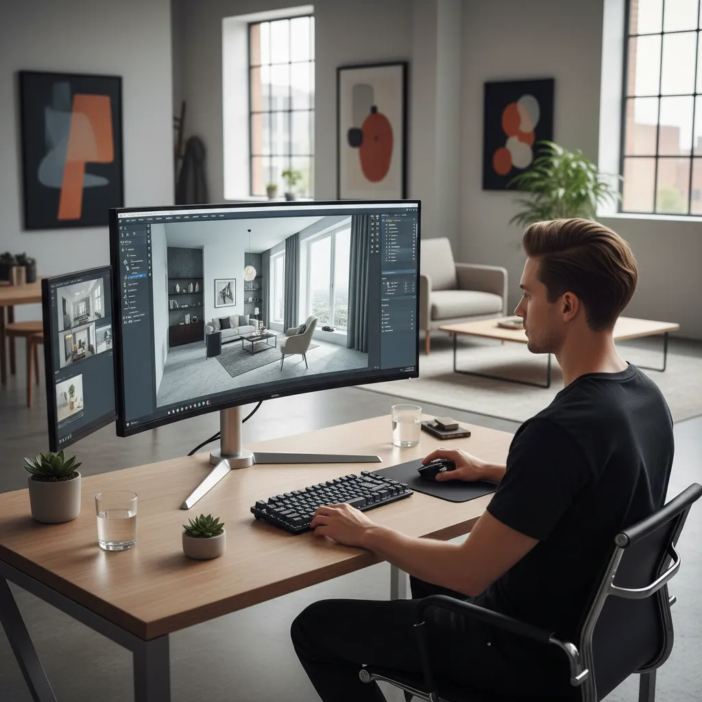 Pantalla con software de modelado 3D de interiorismo