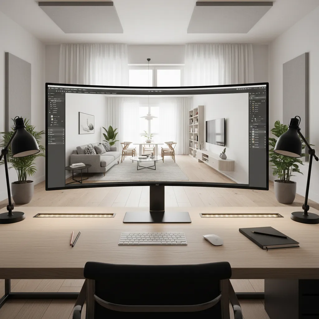 Pantalla de ordenador mostrando un proyecto de interiorismo en 3D