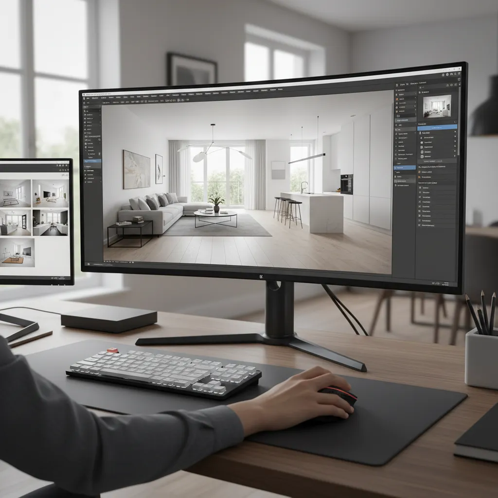 Pantalla mostrando modelado 3D de un apartamento en software de diseño