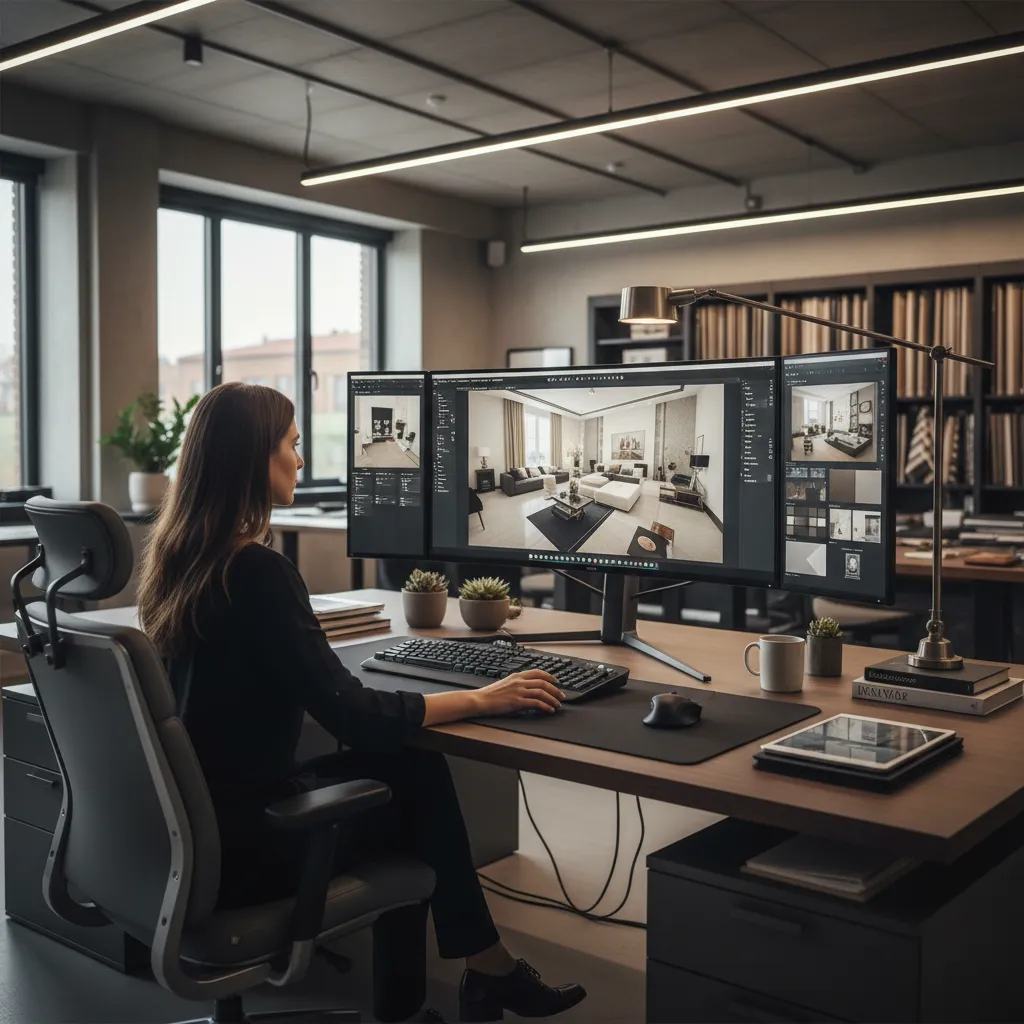 Diseñador trabajando en software 3D para diseñar un espacio interior