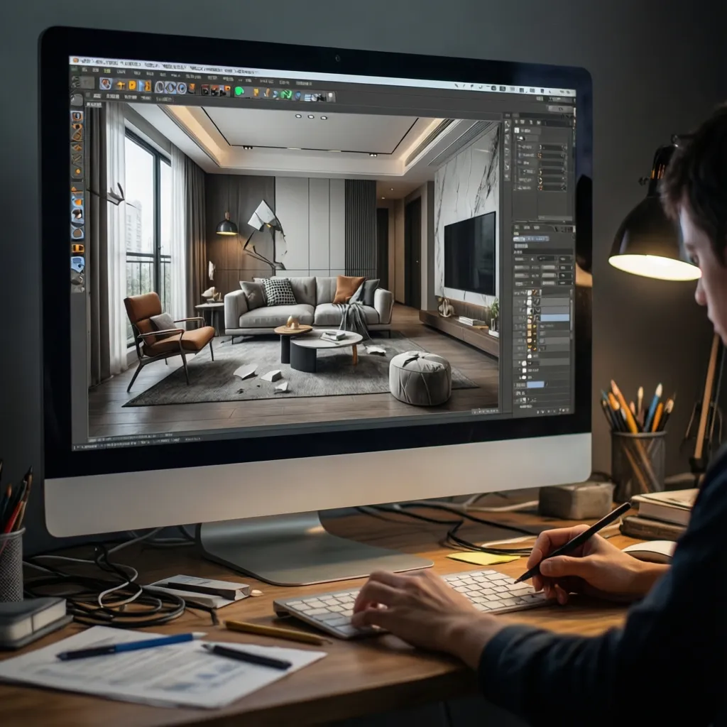 Pantalla mostrando un diseño de interior en 3D
