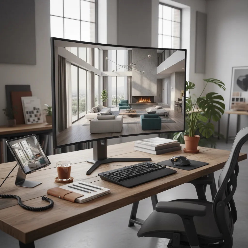Curved monitor showing interior design drawing on desk with keyboard mouse tablet and house plant
