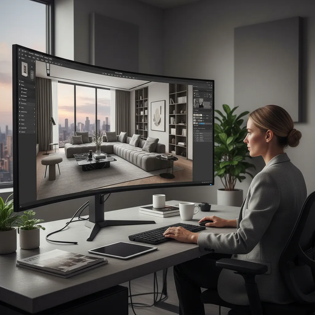 Diseñador trabajando en modelo 3D de apartamento