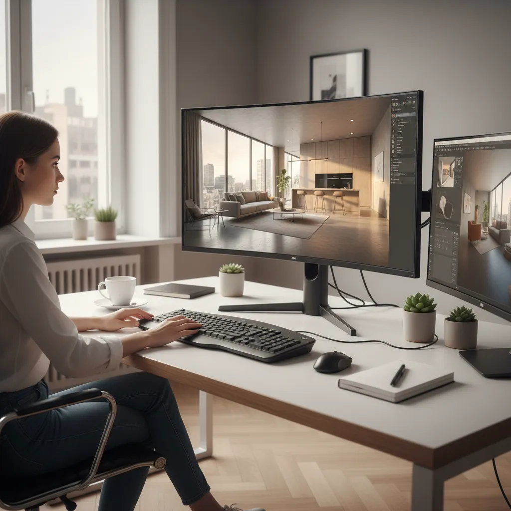 Pantalla mostrando diseño interior en 3D de una vivienda