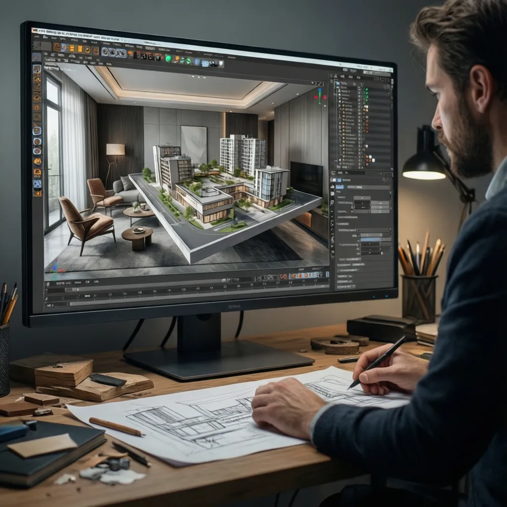 Diseñador trabajando en un modelo 3D de interior en computadora