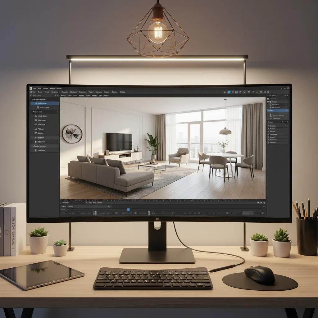 Pantalla con software de diseño de interiores mostrando un modelo 3D de una vivienda