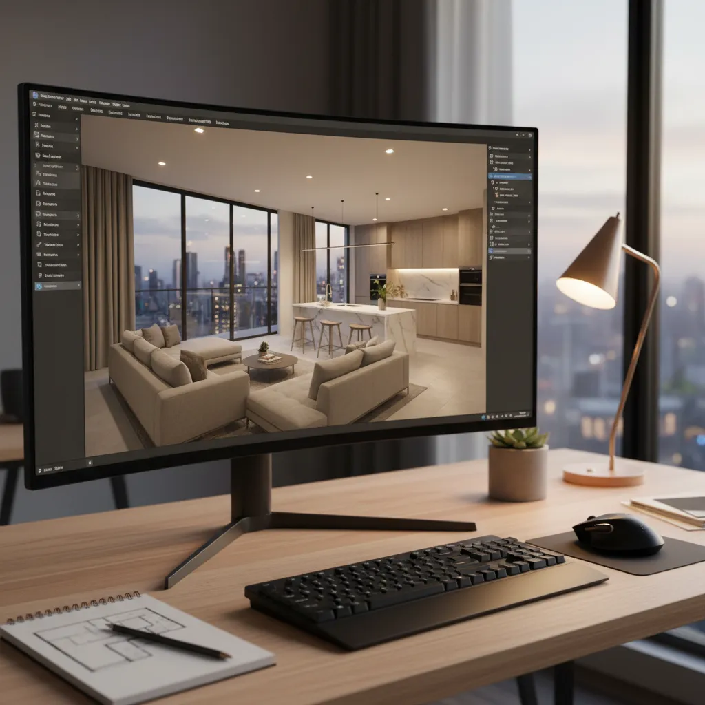 Coohom software interface showing interior design drawing of modern living room with sofa and kitchen