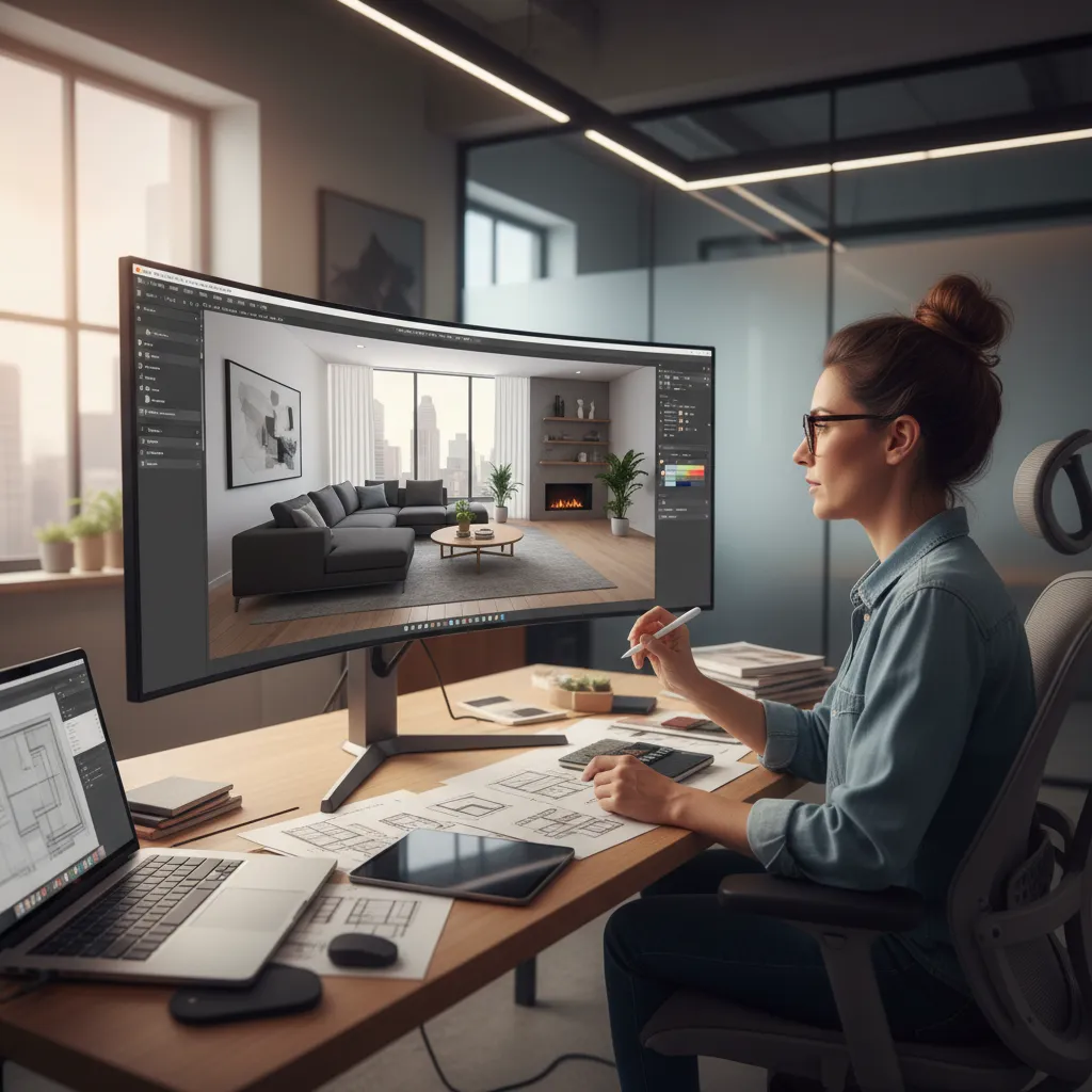Pantalla con software de diseño interior 3D mostrando un salón moderno