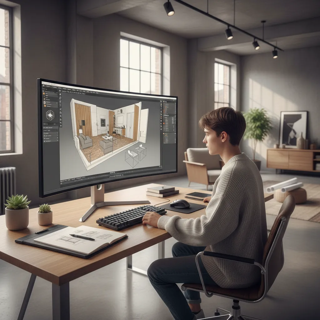 Estudiante trabajando en un modelo 3D de interiorismo en ordenador