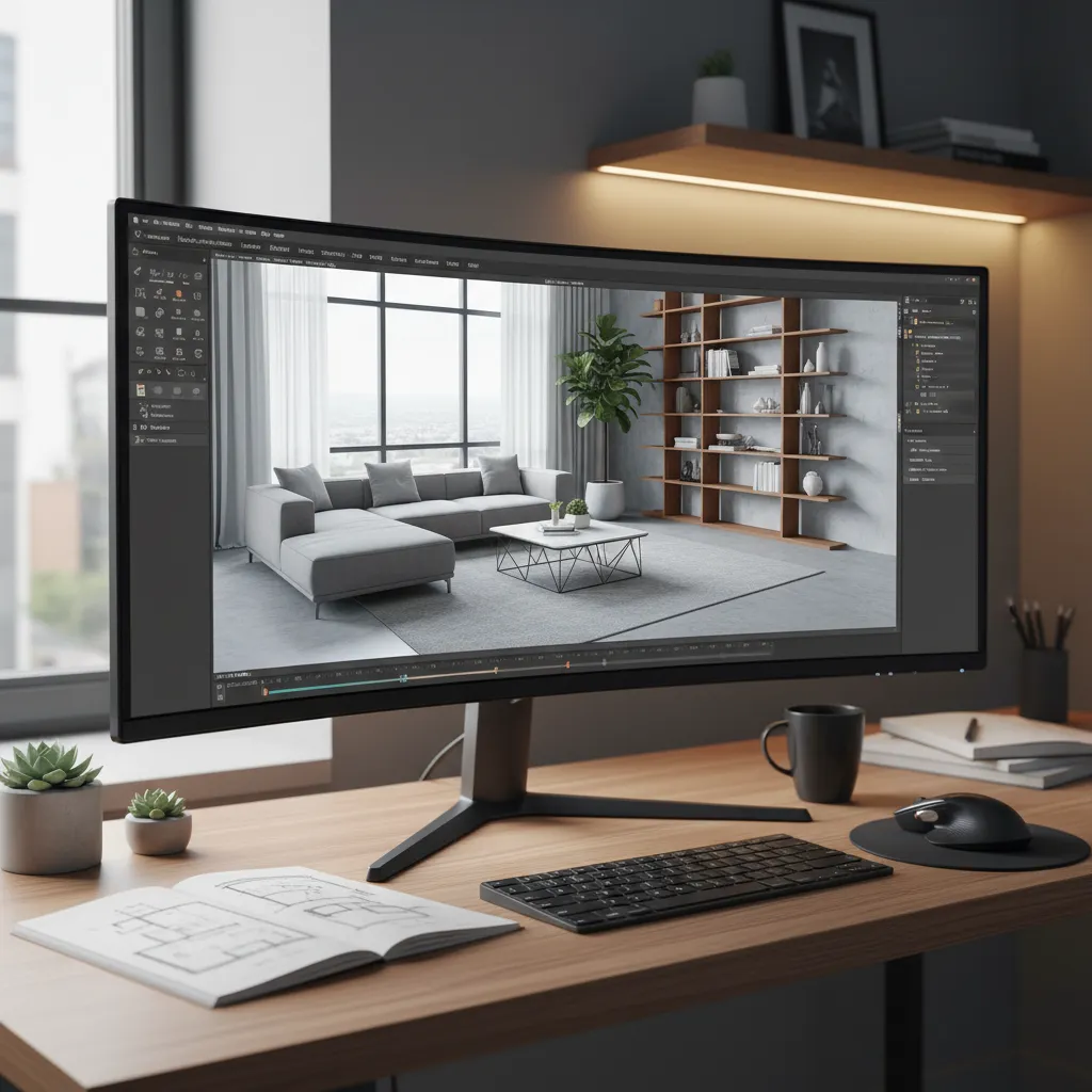 Pantalla mostrando diseño de interior en software 3D