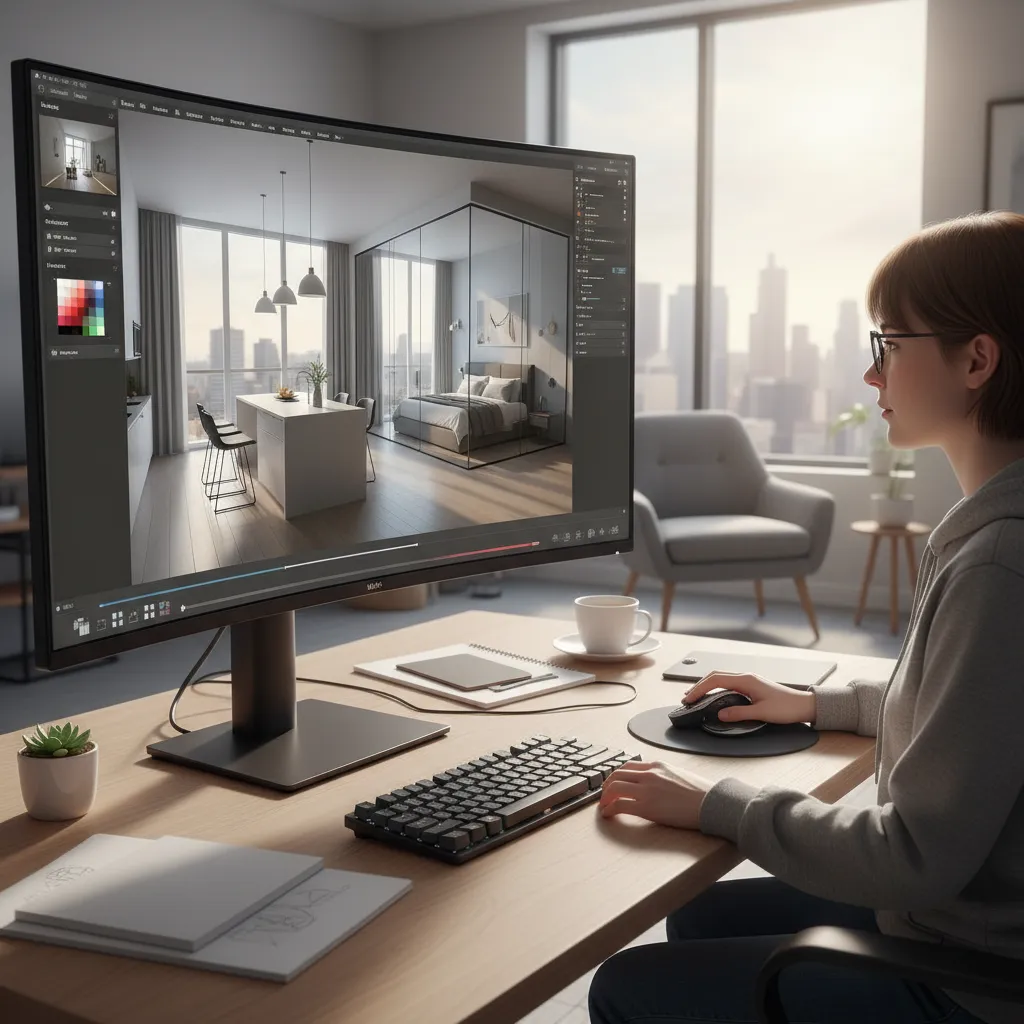 Pantalla de computadora mostrando diseño interior 3D de un departamento