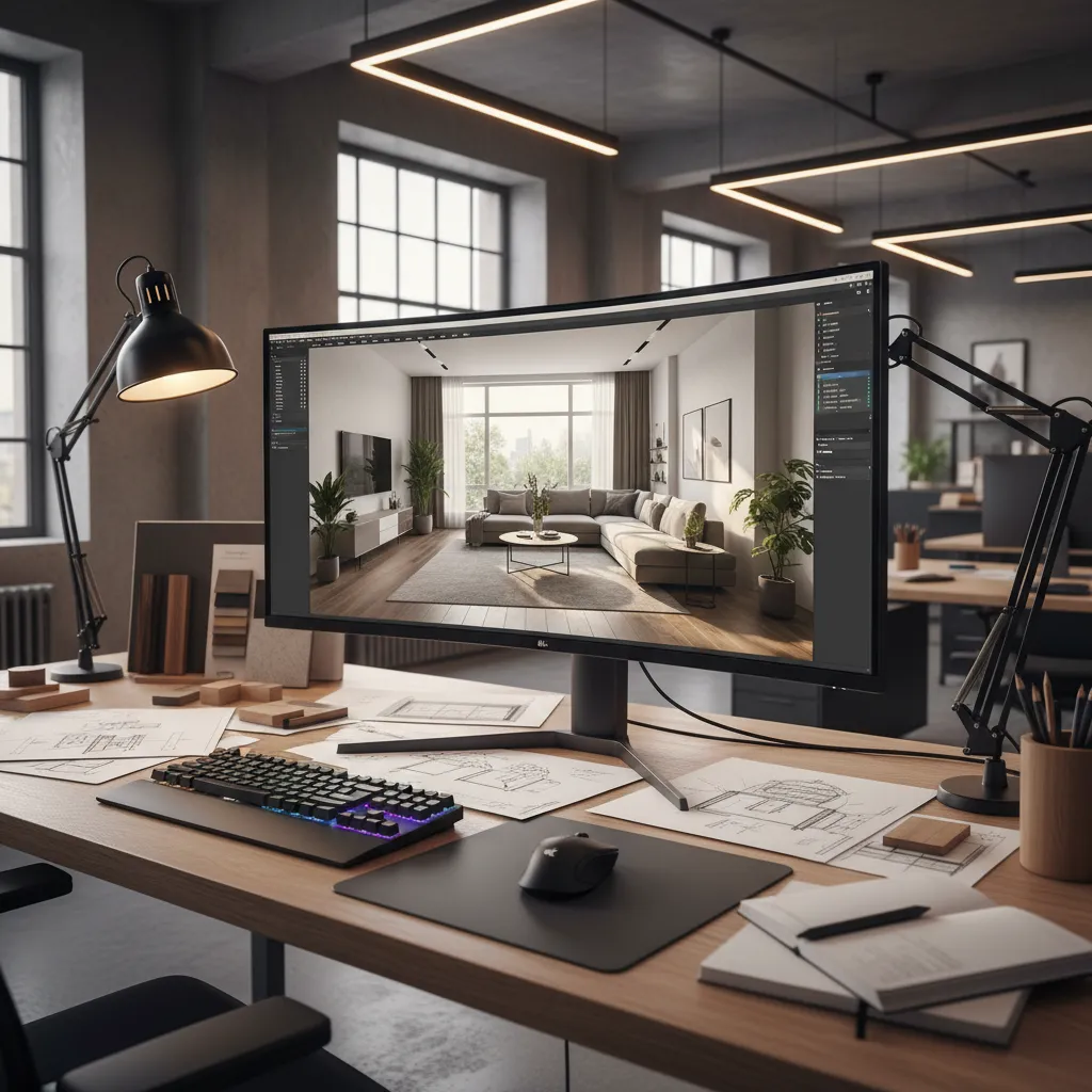 Computer monitor displaying interior design drawing on desk with paper sketches keyboard and black mouse