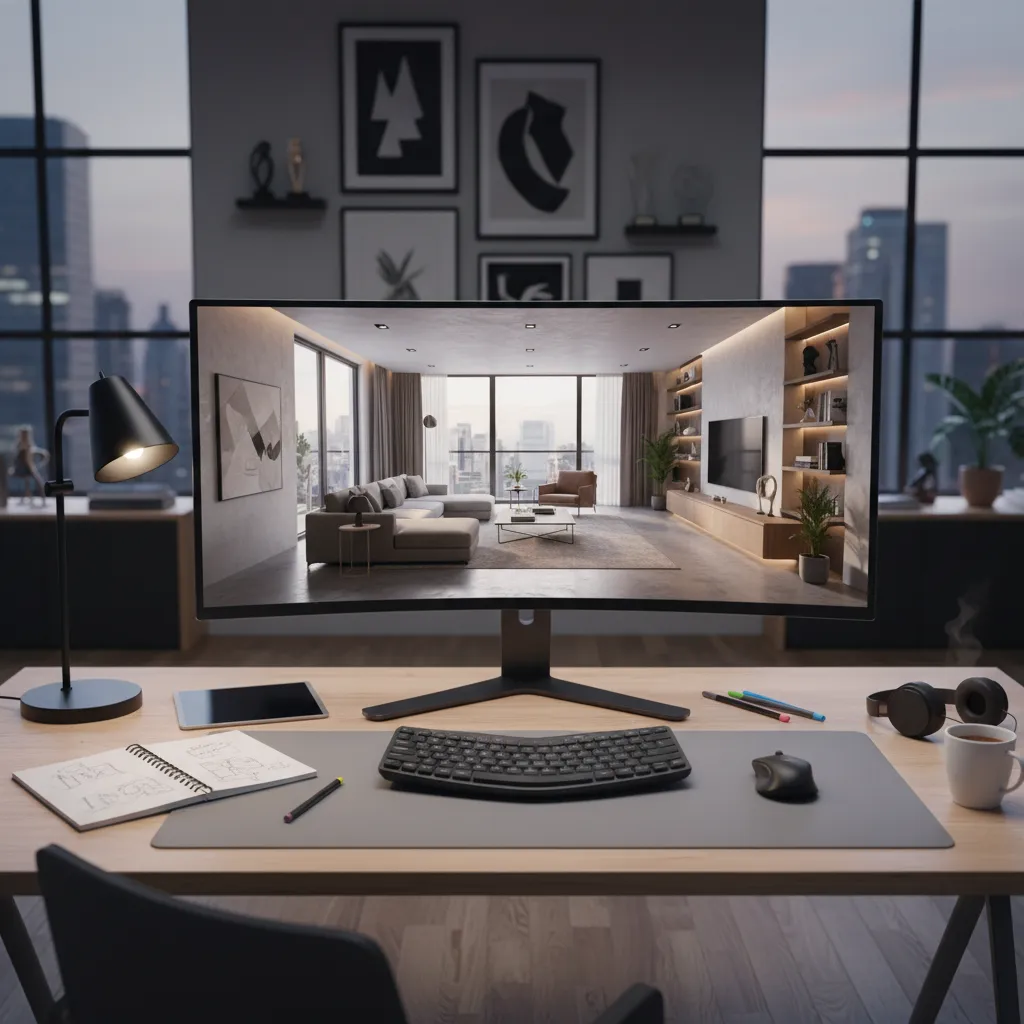 Computer monitor showing modern interior design drawing of living room on wooden desk with lamp