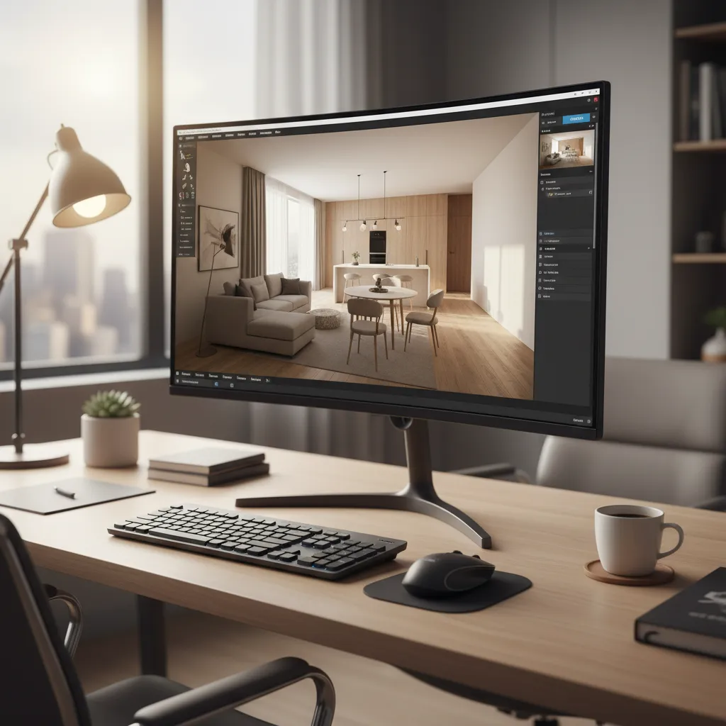 Pantalla de ordenador mostrando software de diseño interior en 3D