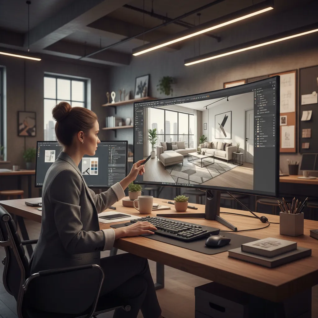 Diseñador utilizando software de modelado 3D para interiores