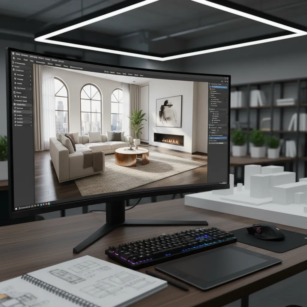 Curved monitor showing 3D interior design drawing of a modern living room with white sofa