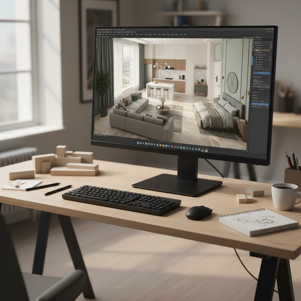 Pantalla de ordenador mostrando plano 3D de un apartamento en proceso de diseño