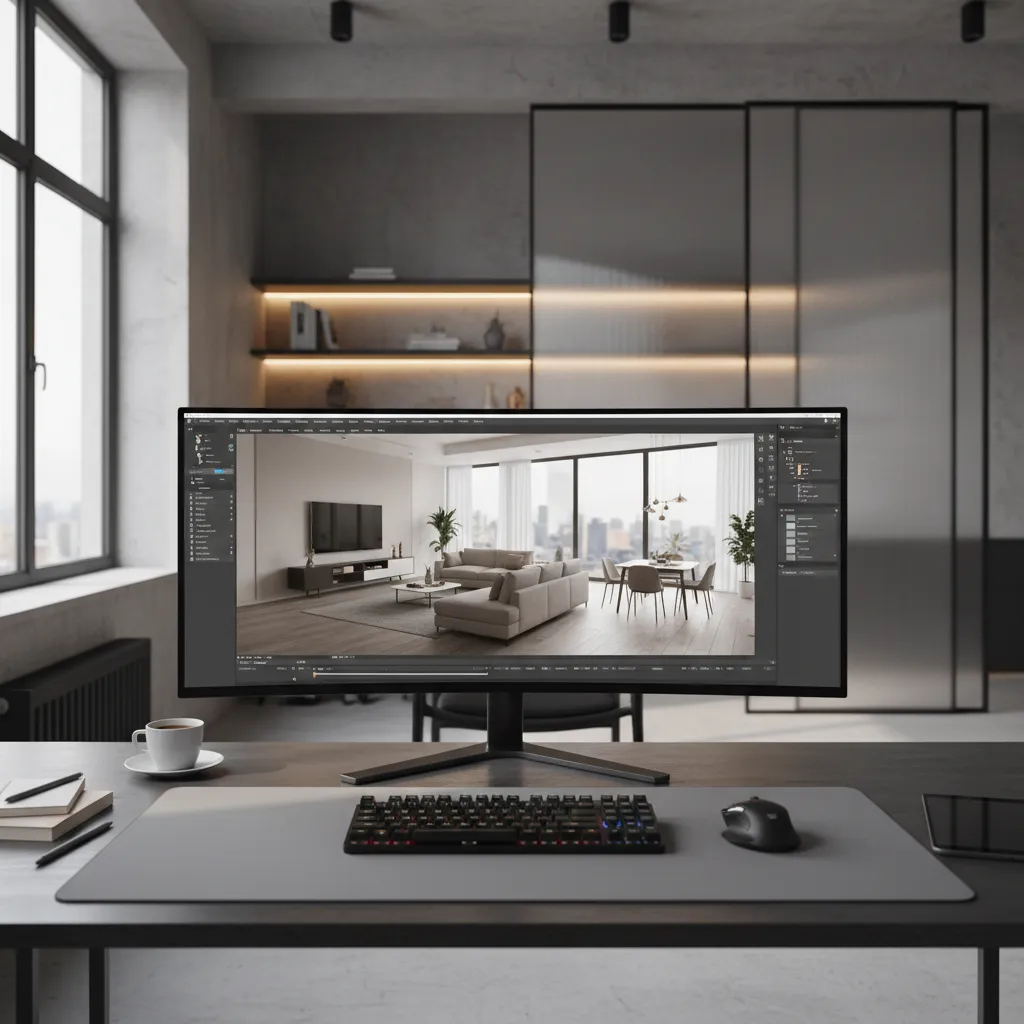 pantalla de computadora mostrando un modelo 3D de diseño interior