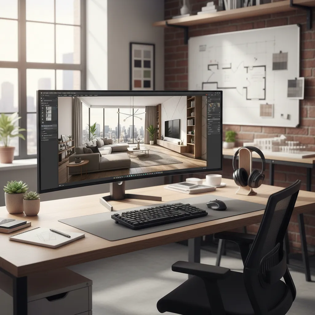 Pantalla de ordenador mostrando un modelo 3D de un apartamento
