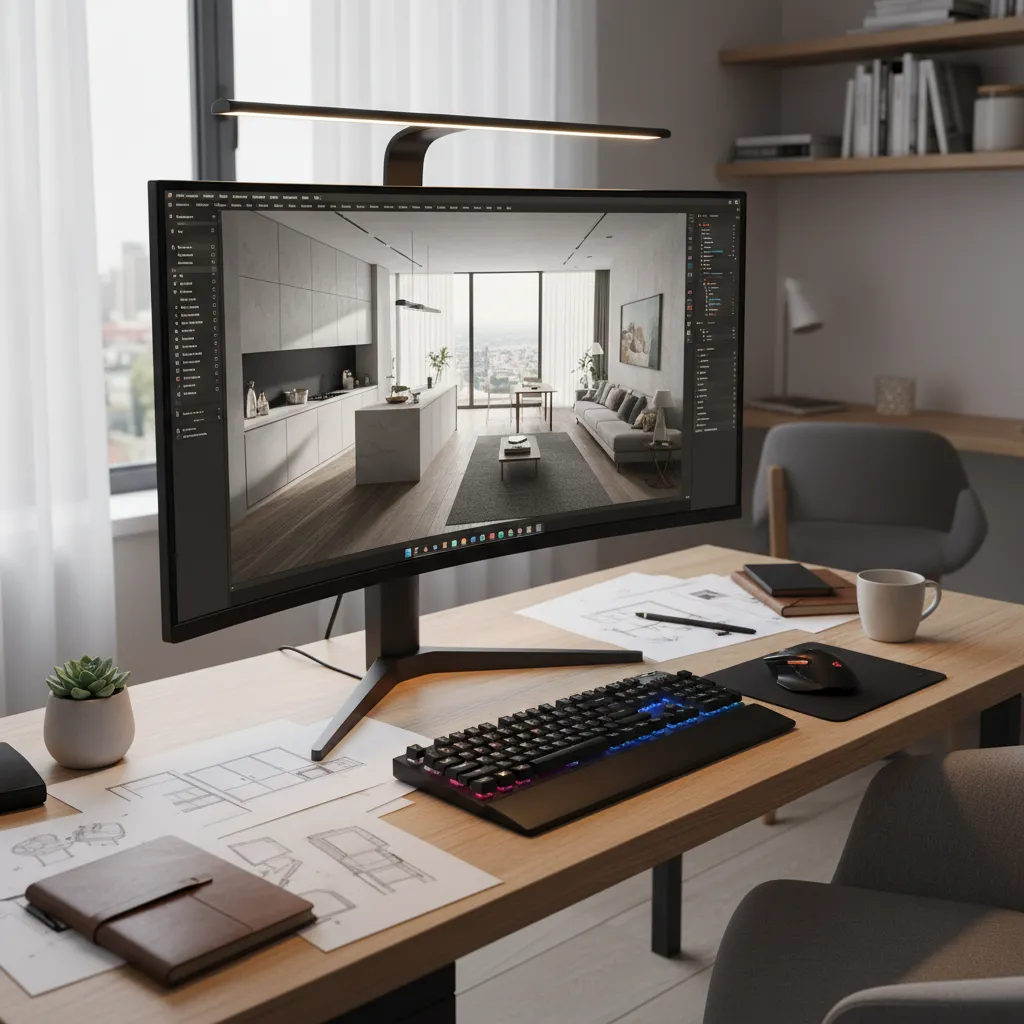 Computer monitor showing 3D interior design software on a wooden desk with a light fixture