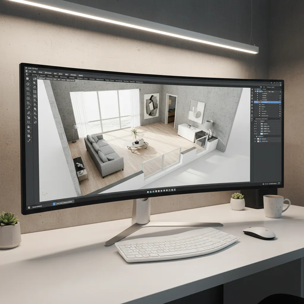 Ultrawide monitor displaying an interior design drawing of a modern living room on white desk