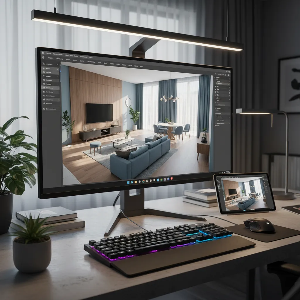 Desktop monitor showing 3D interior design drawing with blue sofa dining area and light fixture