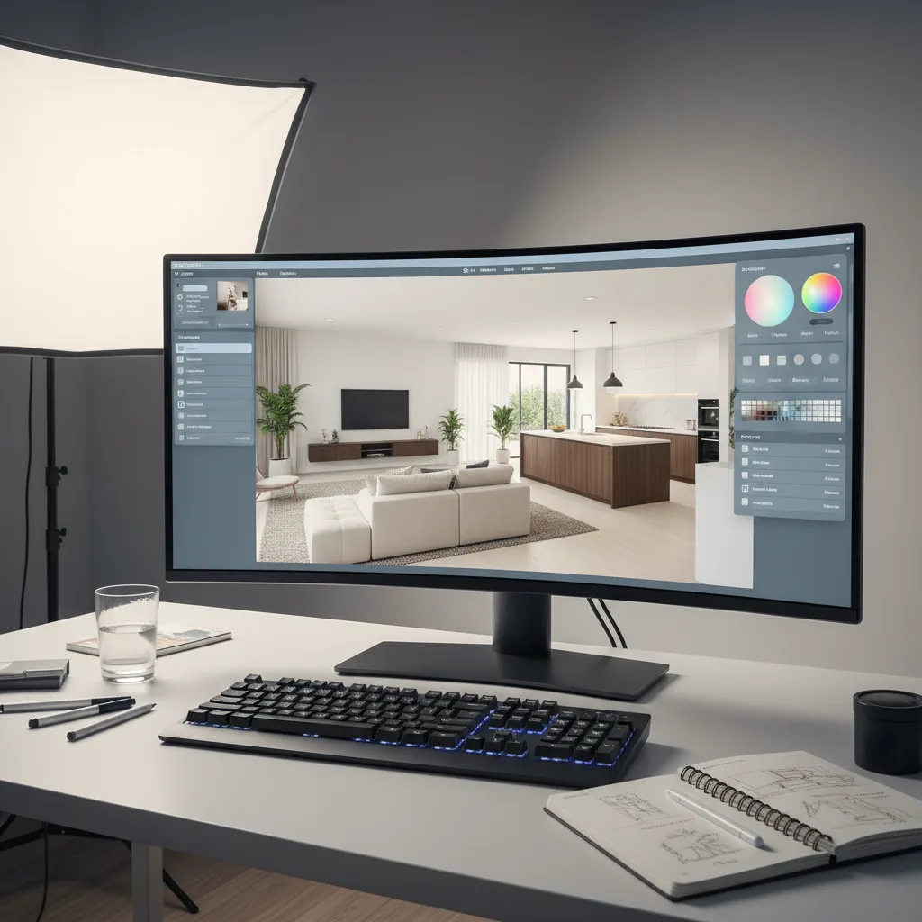 Pantalla con diseño de interior en 3D mostrando distribución de salón y cocina