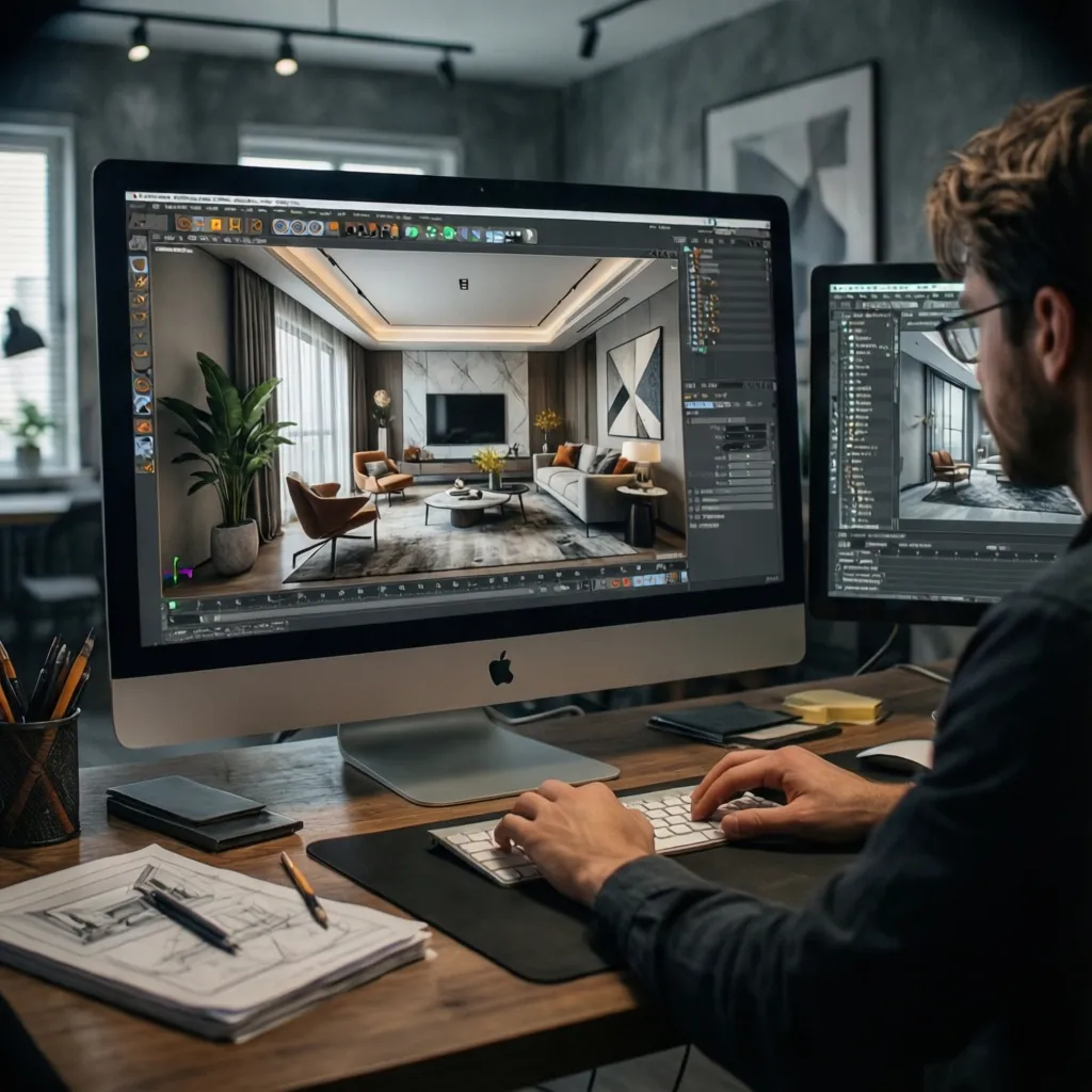 Diseñador trabajando en un modelo 3D de interior en ordenador