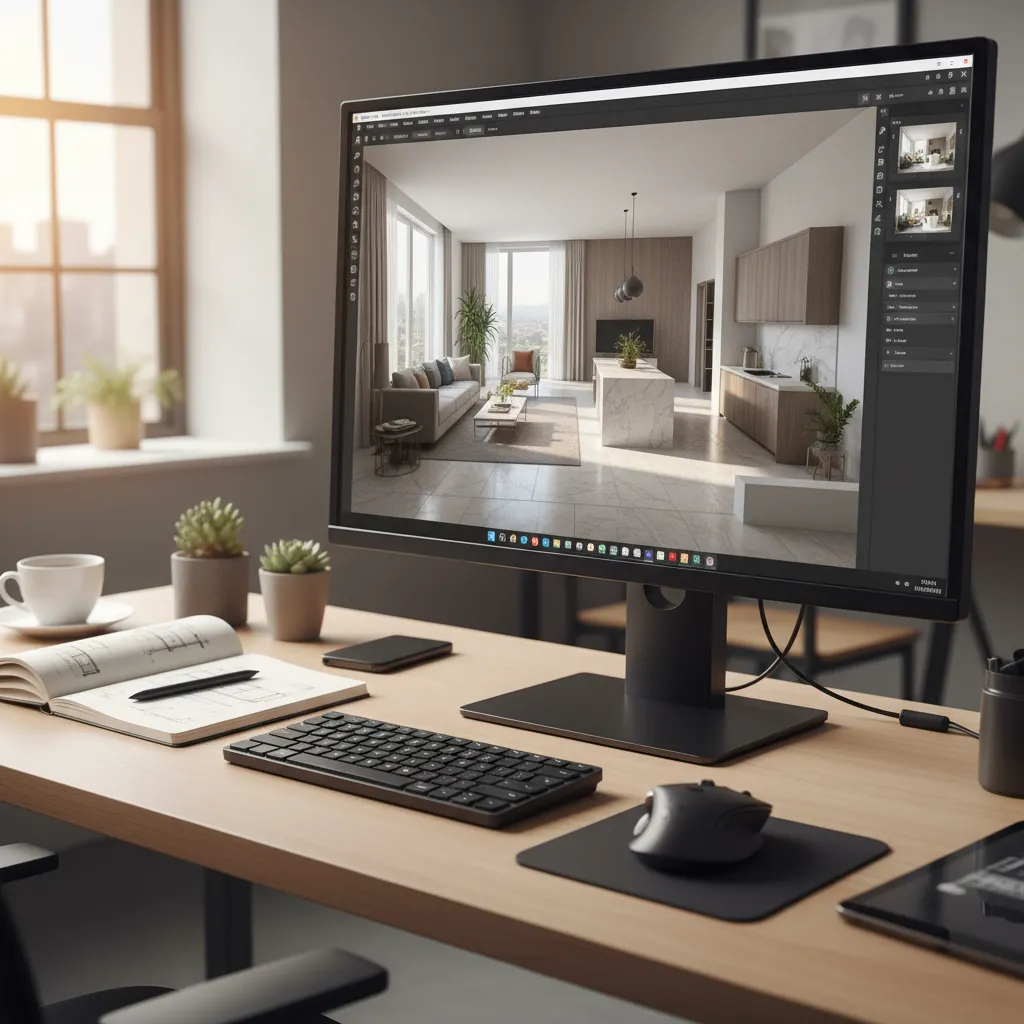 Pantalla mostrando plano 3D de apartamento en software de diseño de interiores