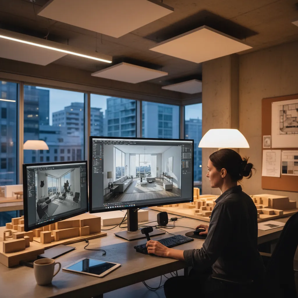 Diseñador trabajando en visualización 3D de un espacio interior moderno