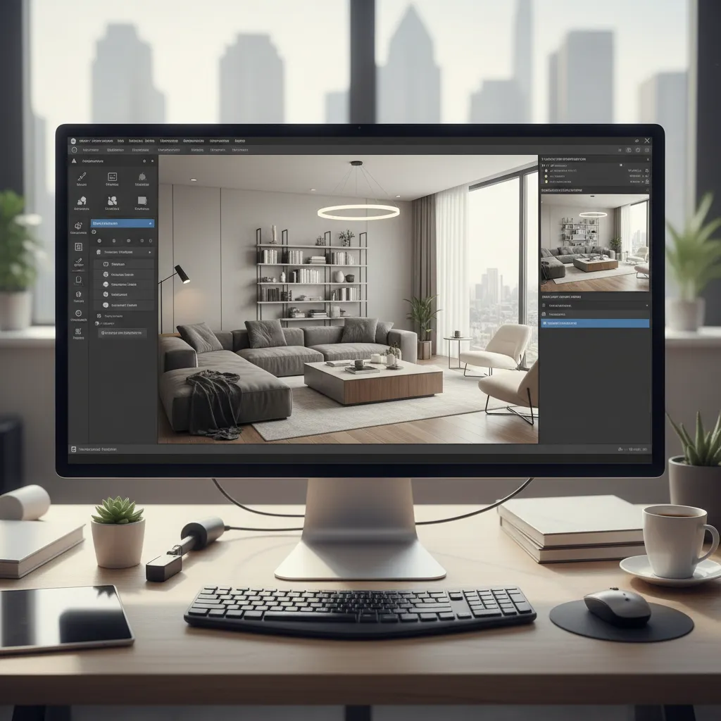 Interfaz de una herramienta online mostrando el diseño 3D de un salón moderno