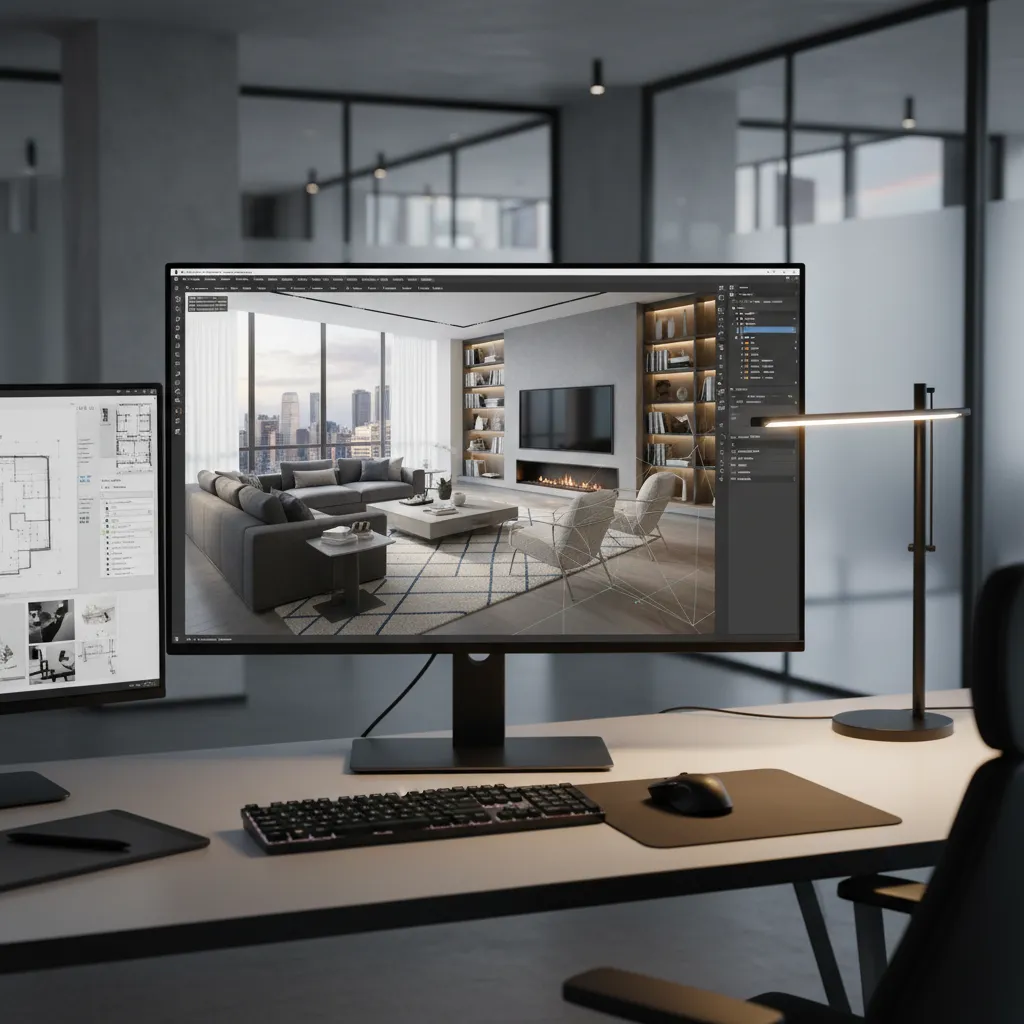 Monitor showing modern living room interior design drawing on office desk with keyboard and lamp