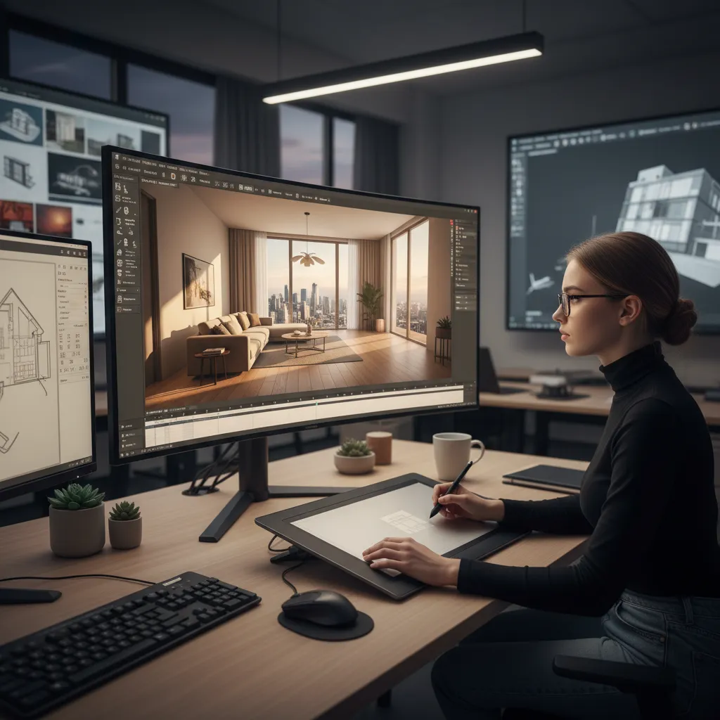 Woman using a digital drawing tablet to create a living room interior design on computer