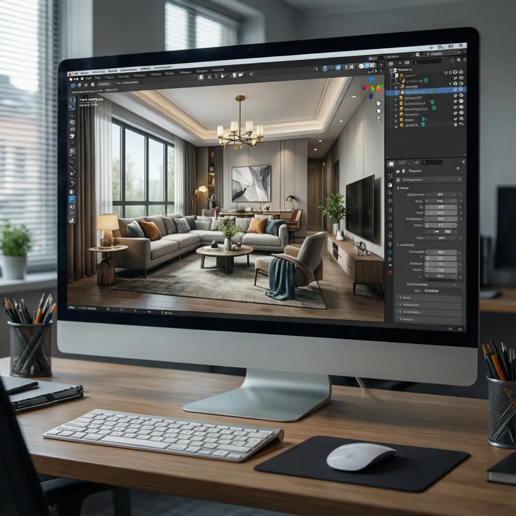 Pantalla mostrando un software de diseño de interiores con modelo 3D de una vivienda