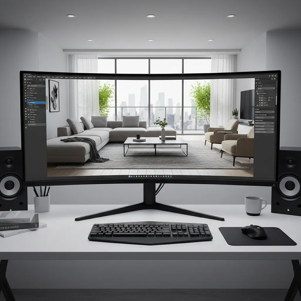 Pantalla mostrando un render 3D de un salón moderno