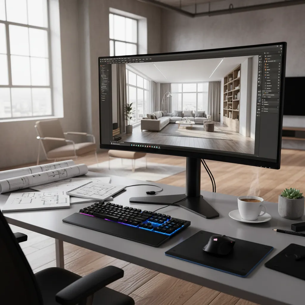 pantalla mostrando modelado 3D de un apartamento en proceso de diseño