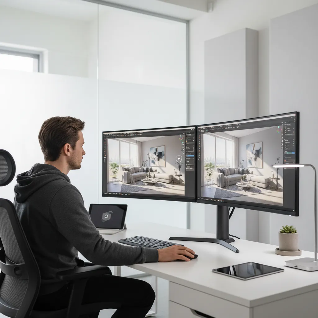 Diseñador trabajando con software 3D de interiorismo