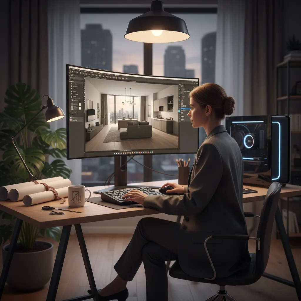 Diseñador de interiores trabajando con software de modelado 3D
