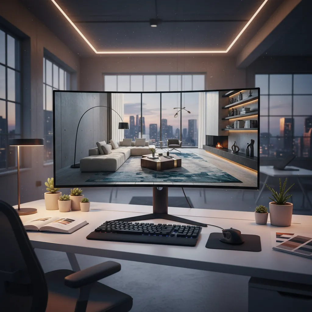 Pantalla de ordenador mostrando un modelo 3D de un salón diseñado digitalmente