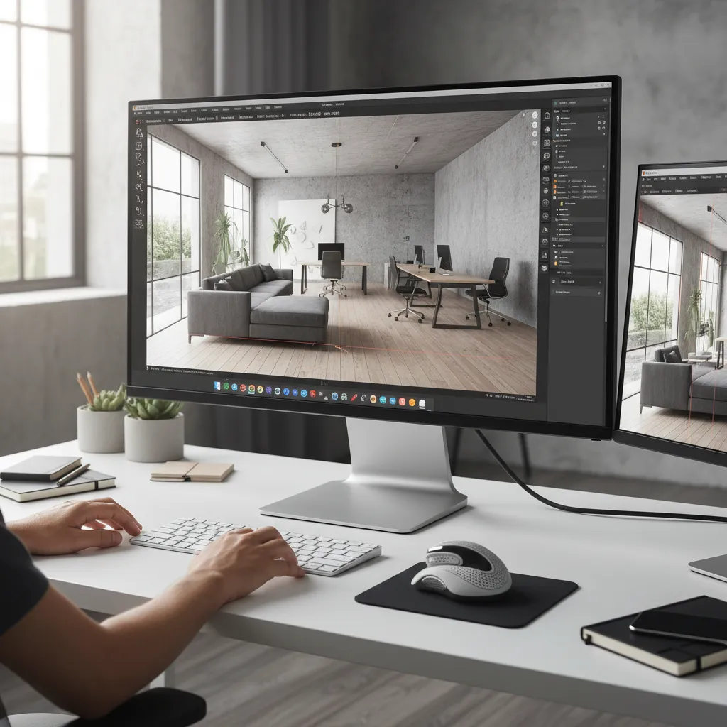 Pantalla de ordenador mostrando un diseño de interior en 3D