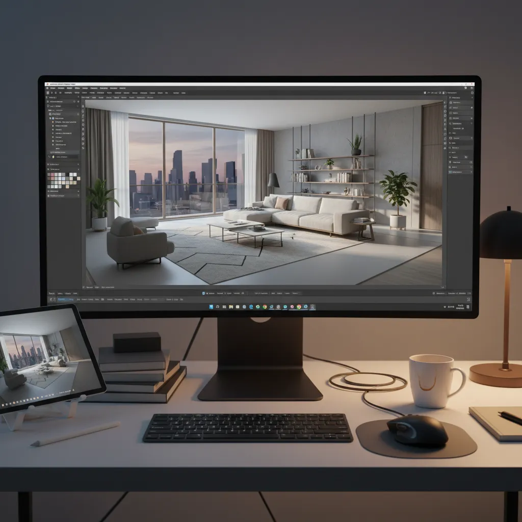 Pantalla con software de modelado 3D mostrando el diseño de un apartamento