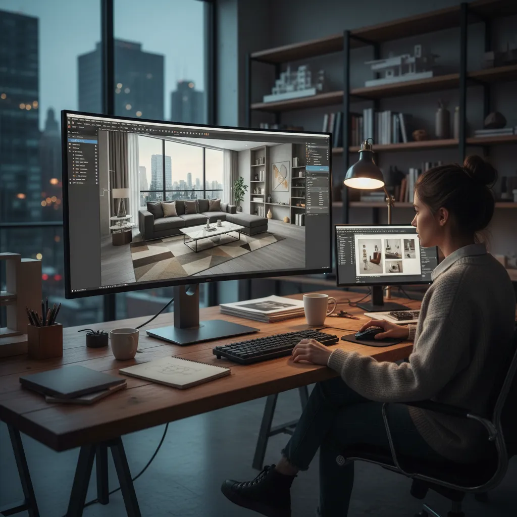 Pantalla mostrando un diseño de interior en 3D en proceso de creación