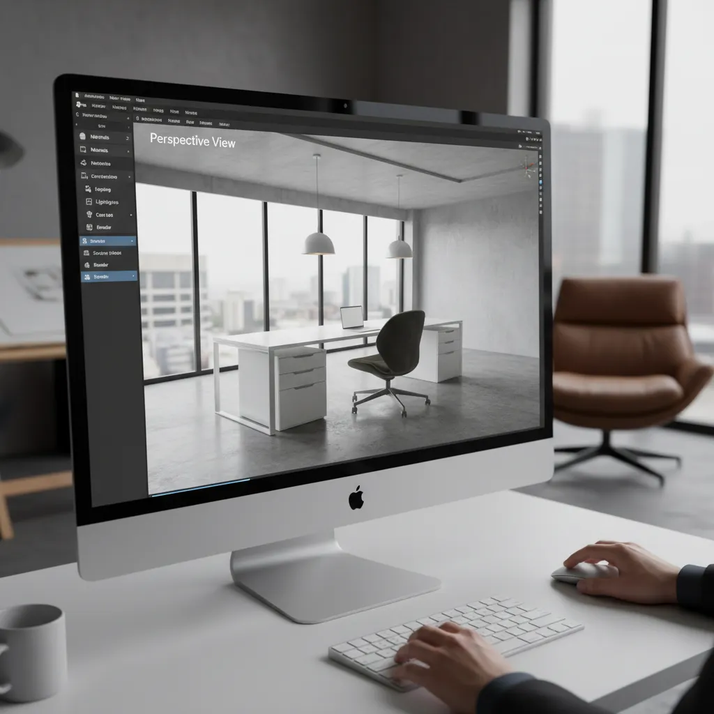 Pantalla de ordenador mostrando un modelo 3D de diseño interior