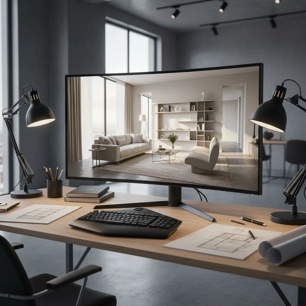 Pantalla de ordenador mostrando un diseño interior en 3D