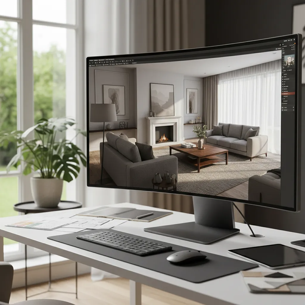 Pantalla de ordenador mostrando un modelo 3D de una casa en proceso de diseño
