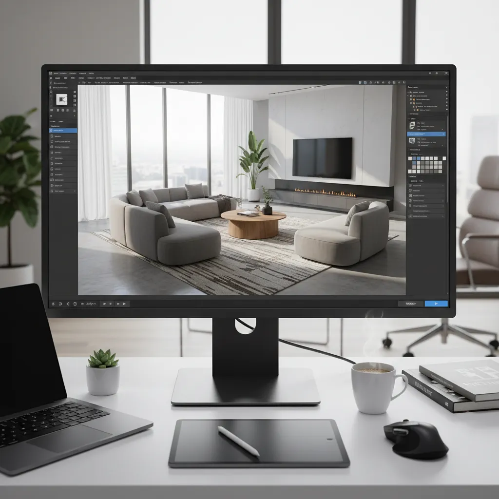 Pantalla de ordenador mostrando un diseño interior en 3D de un salón moderno