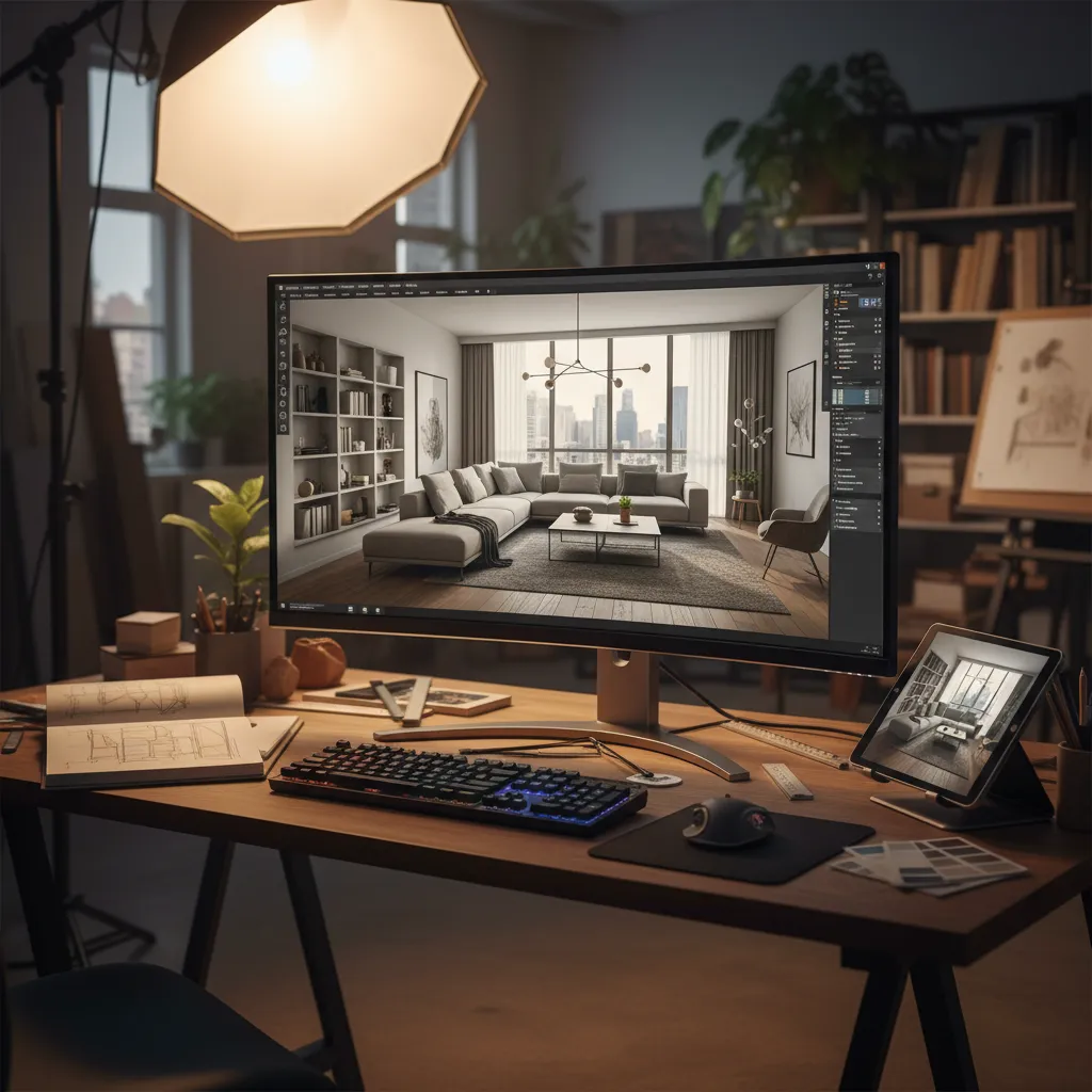 Pantalla de ordenador mostrando un diseño de interior en 3D
