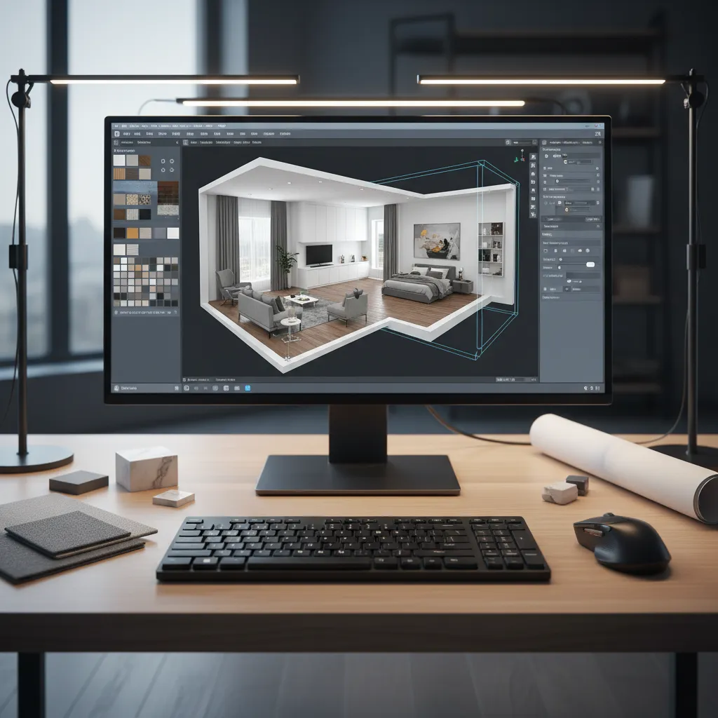 Computer monitor on a wooden desk showing a 3D interior design drawing of modern home